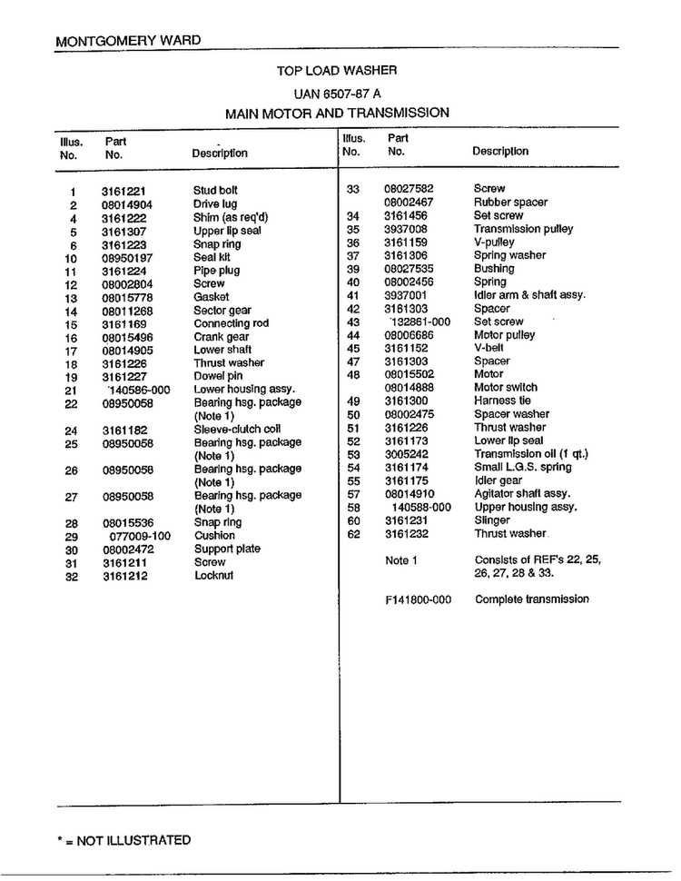 Main Motor And Transmission Page 2 Diagram and Parts List for 6507-87A  Frigidaire Washer