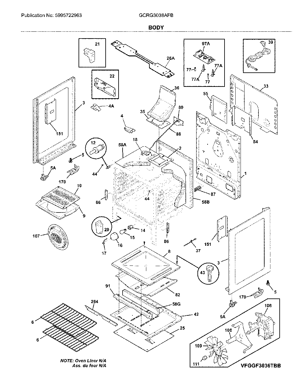 Body Diagram and Parts List for GCRG3038AFB  Frigidaire Range