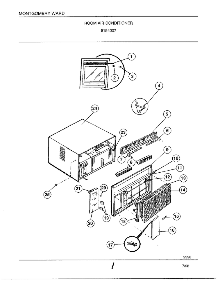 Room Air Conditioner Diagram and Parts List for 5154007  Frigidaire Air Conditioner