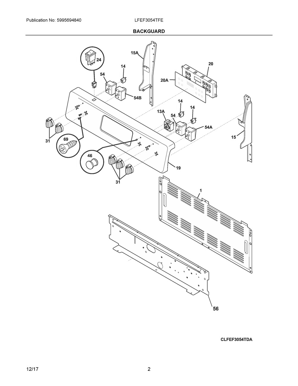 Backguard Diagram and Parts List for LFEF3054TFE  Frigidaire Range