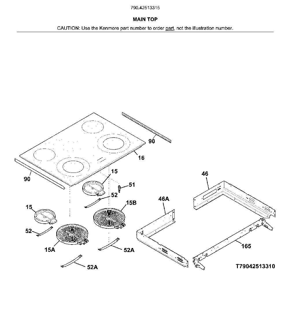 Main top Diagram and Parts List for 79042513315  Kenmore Range