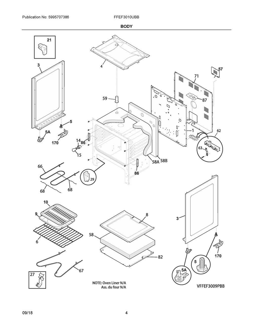 Body Diagram and Parts List for FFEF3010UBB  Frigidaire Range