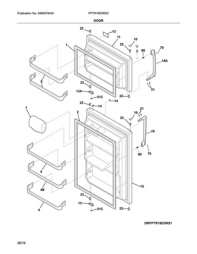 Door Diagram and Parts List for FPTR18D3RS3  Frigidaire Refrigerator