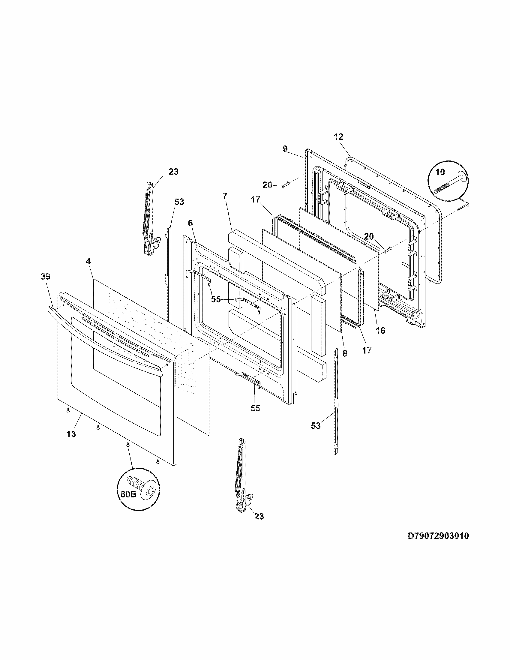 Door Diagram and Parts List for 79074043310  Kenmore Range