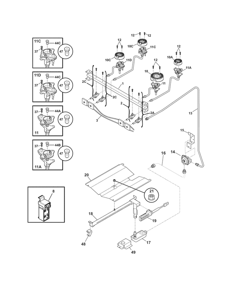 Burner Diagram and Parts List for FFGF3017LSD  Frigidaire Range