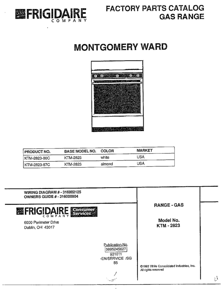 Front Page Diagram and Parts List for 2823  Frigidaire Range