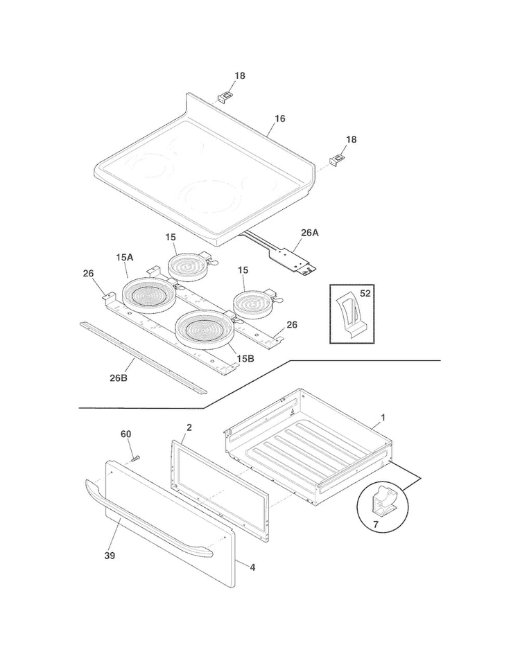 Top/drawer Diagram and Parts List for FFEF3018LSD  Frigidaire Range