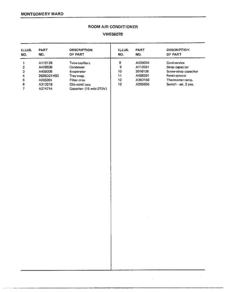 Room Air Conditioner Page 4 Diagram and Parts List for 5607B  Frigidaire Air Conditioner
