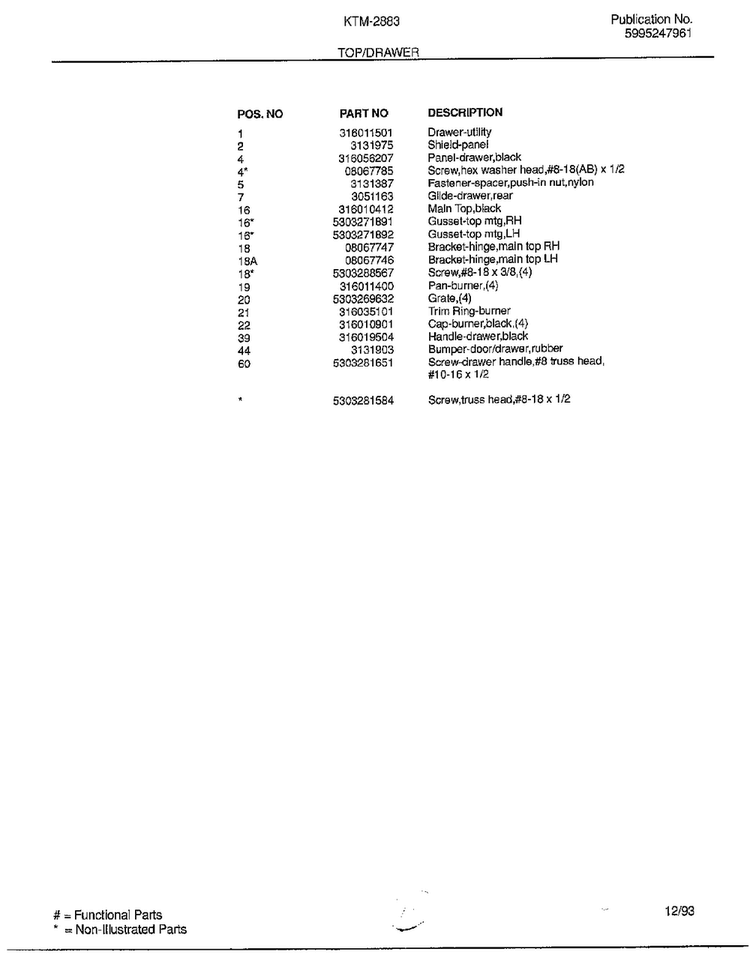 Top/drawer Page 2 Diagram and Parts List for 2883-81B  Frigidaire Range