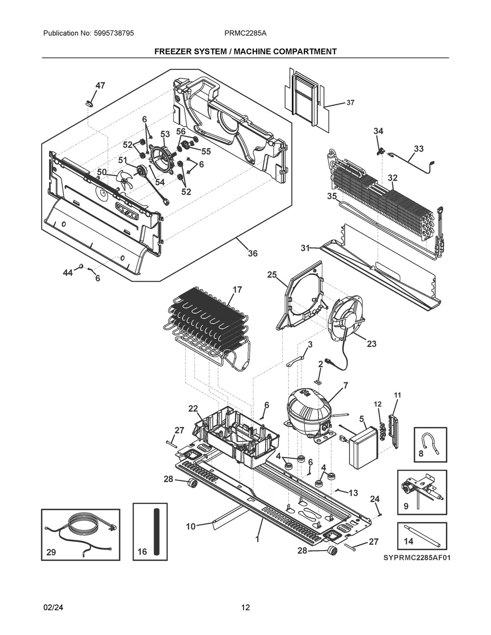 Freezer System / Machine Compartment Diagram and Parts List for PRMC2285AF02  Frigidaire Refrigerator