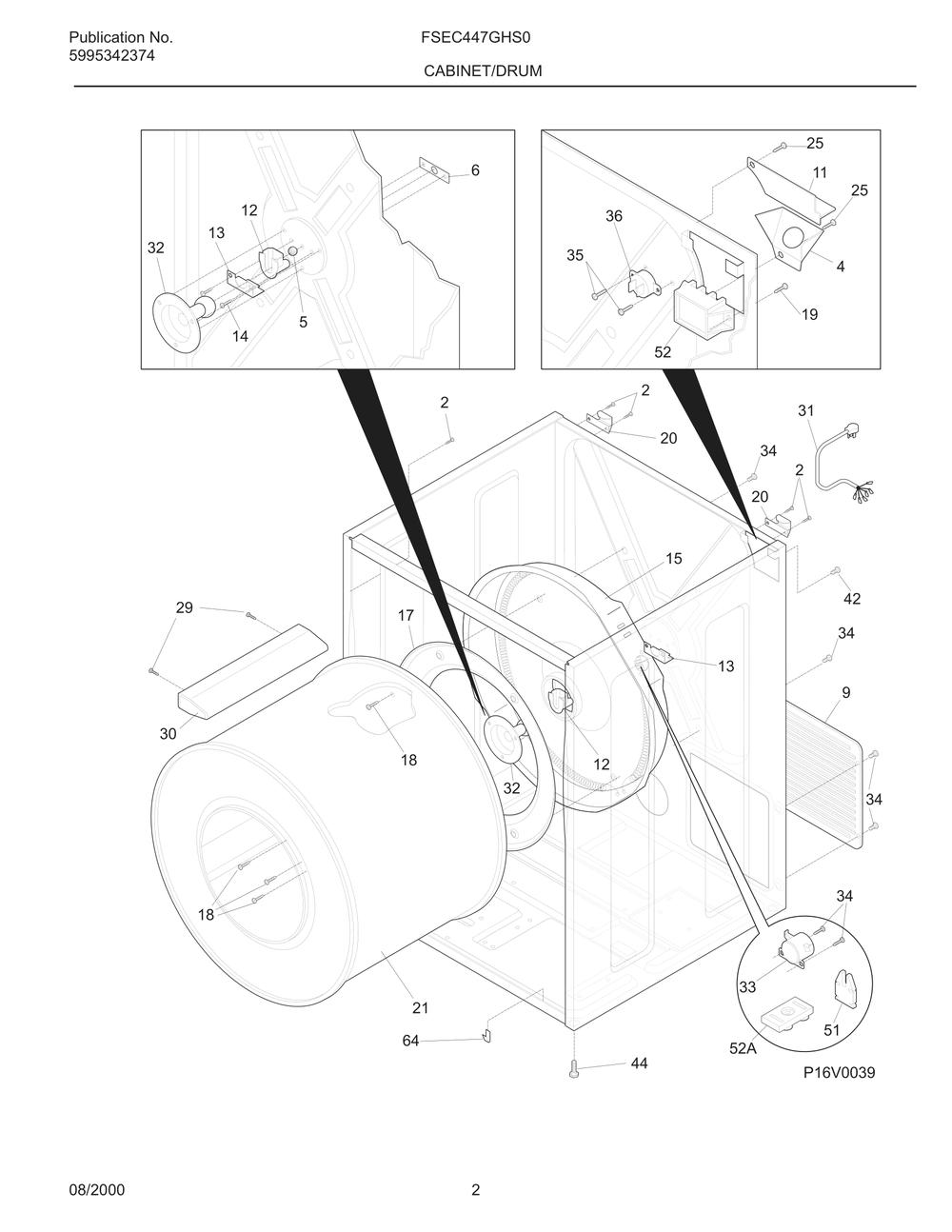 Cabinet/Drum Diagram and Parts List for FSEC447GHS0  Frigidaire Dryer
