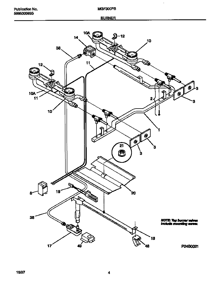 BURNER Diagram and Parts List for MGF300PBDG  Frigidaire Range