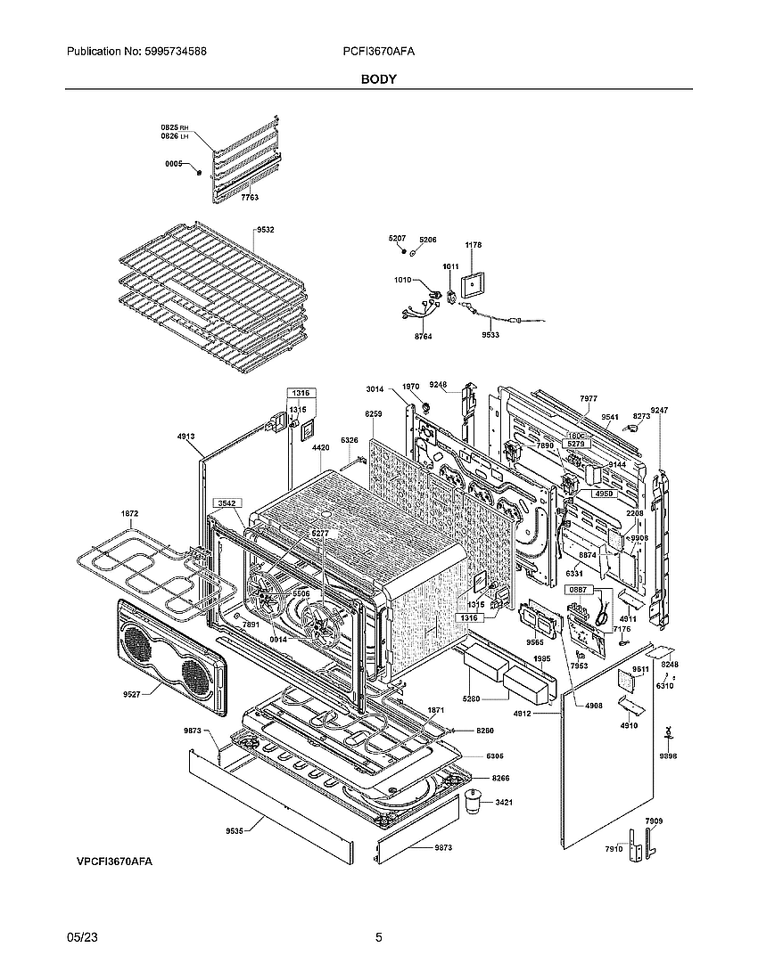 Body Diagram and Parts List for PCFI3670AFA  Frigidaire Range