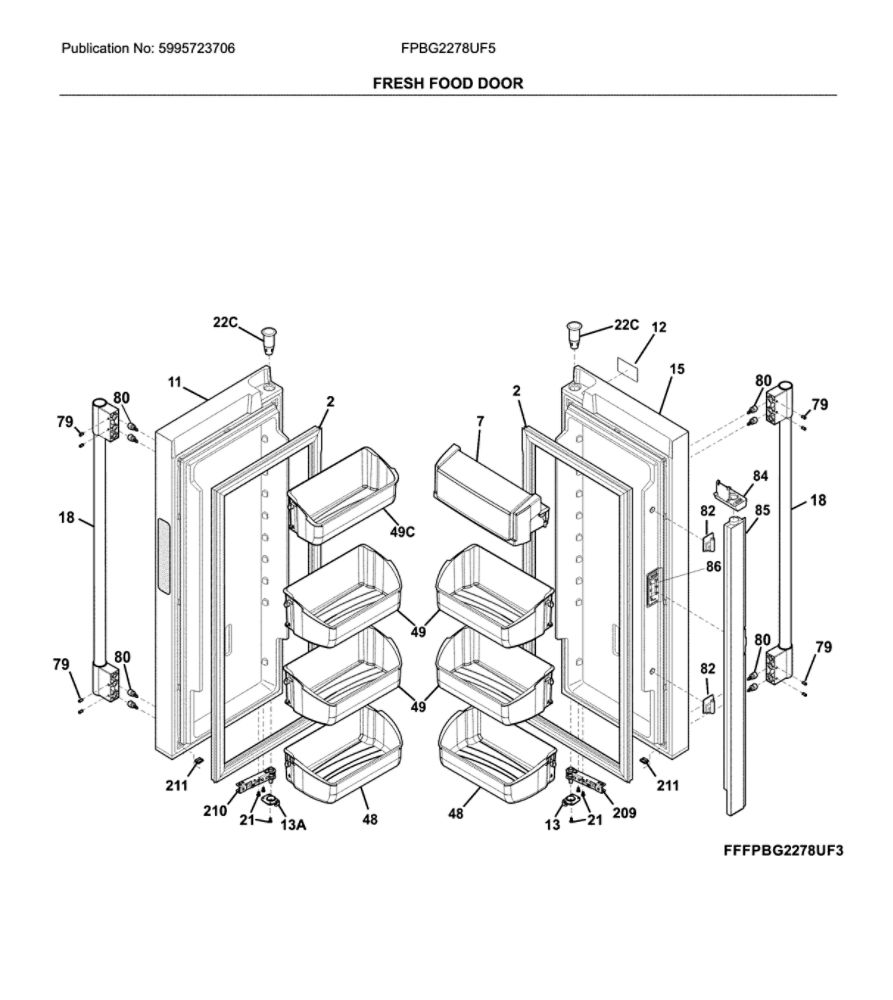 Fresh Food Door Diagram and Parts List for FPBG2278UF5  Frigidaire Refrigerator
