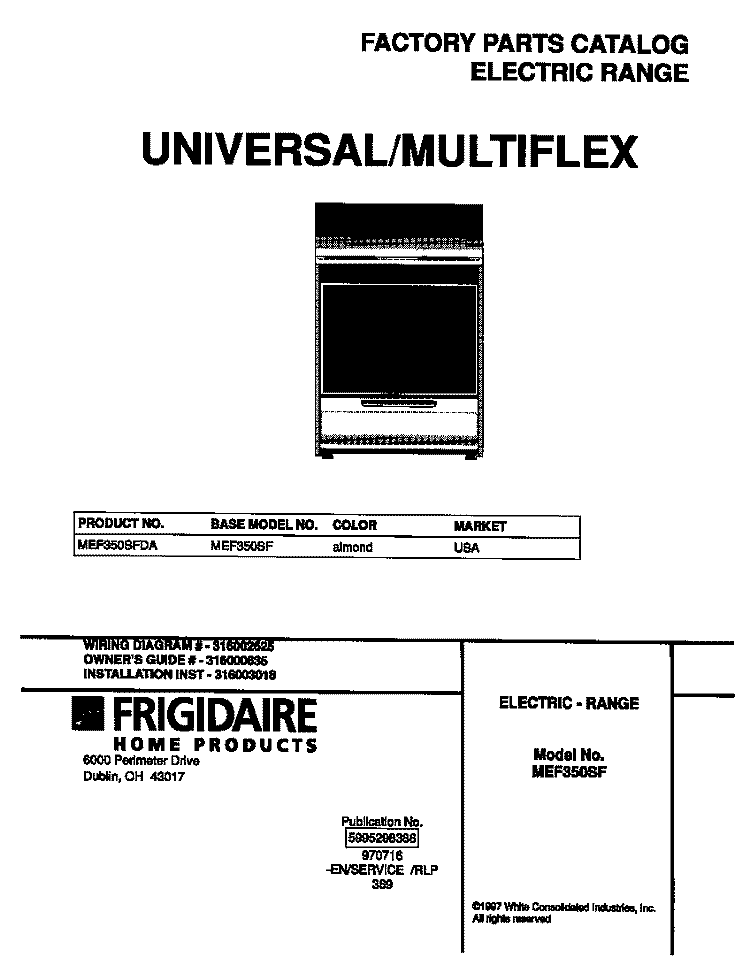 COVER Diagram and Parts List for MEF350SFDA  Frigidaire Range