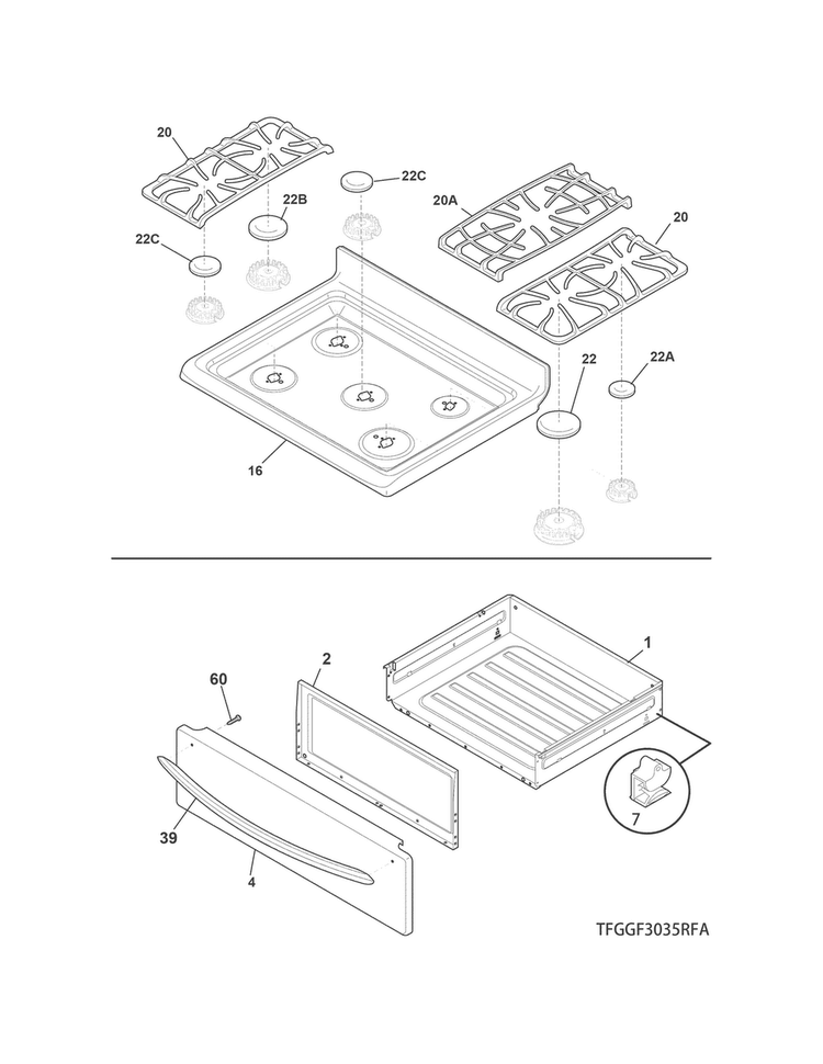 Top/drawer Diagram and Parts List for FGGF3035RWA  Frigidaire Range