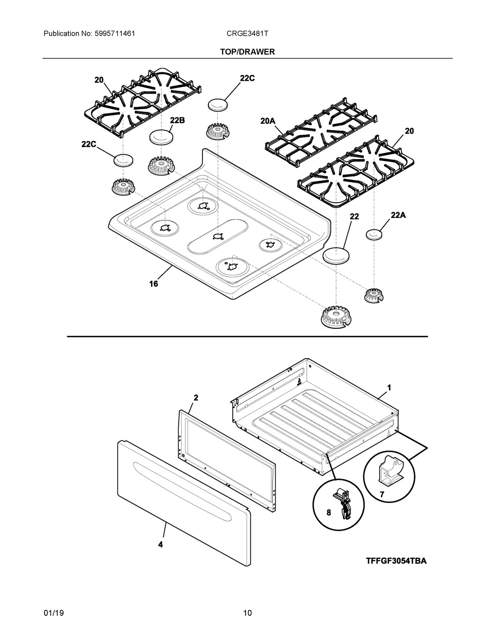 Top/drawer Diagram and Parts List for CRGE3481TBA  Frigidaire Range