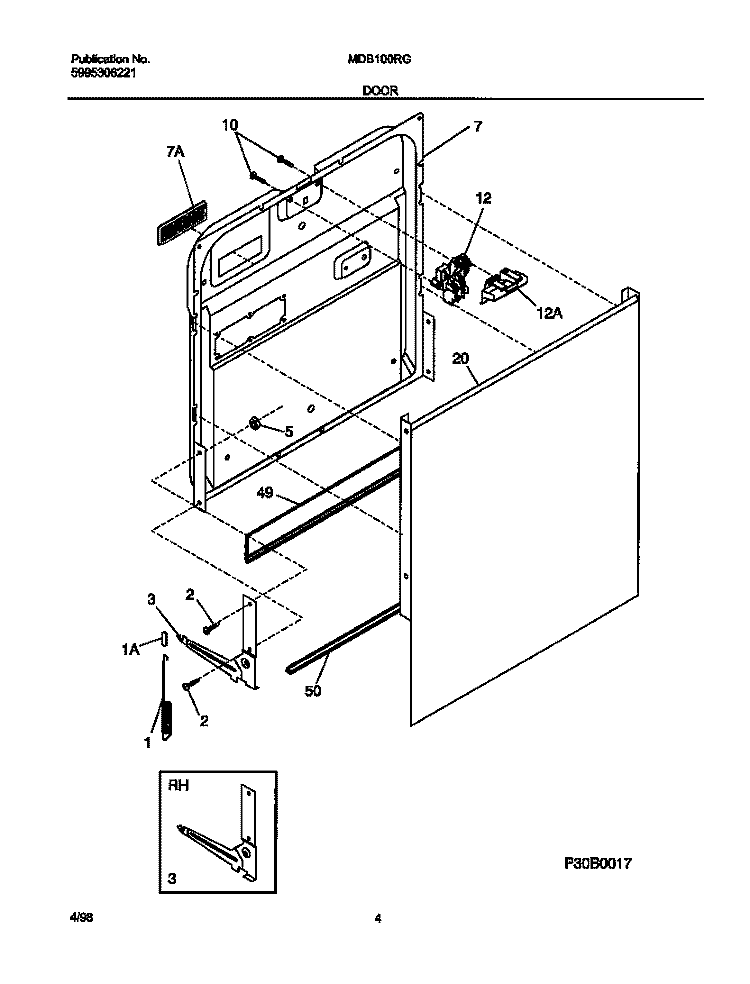 DOOR Diagram and Parts List for MDB100RGW0  Frigidaire Dishwasher
