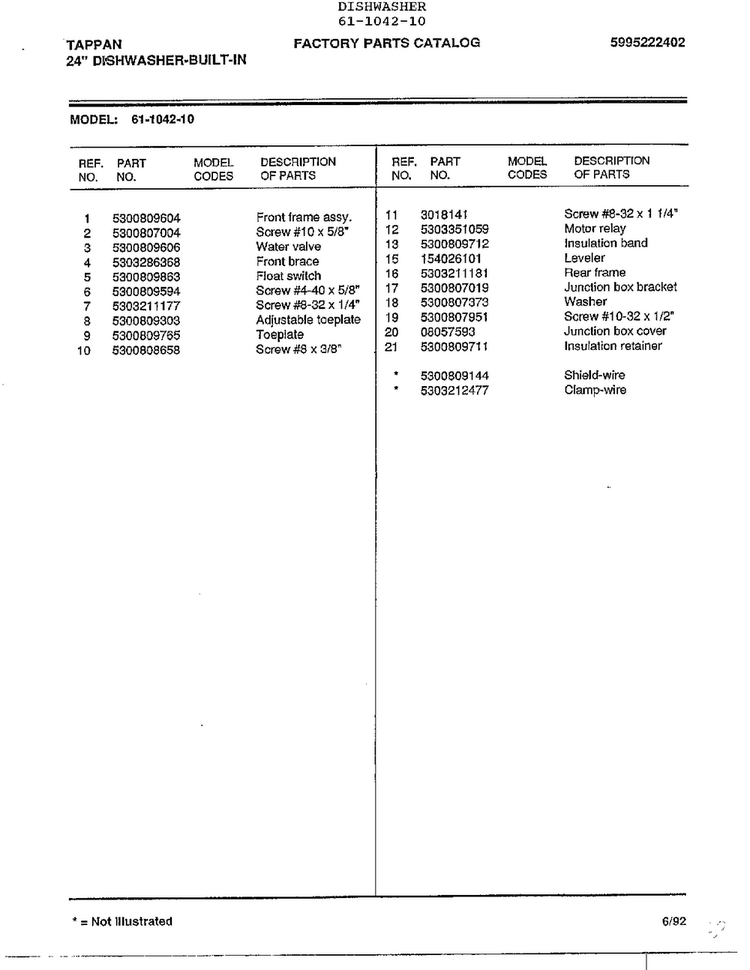 24" Built-in Dishwasher Page 10 Diagram and Parts List for 61-1042-10  Tappan Dishwasher