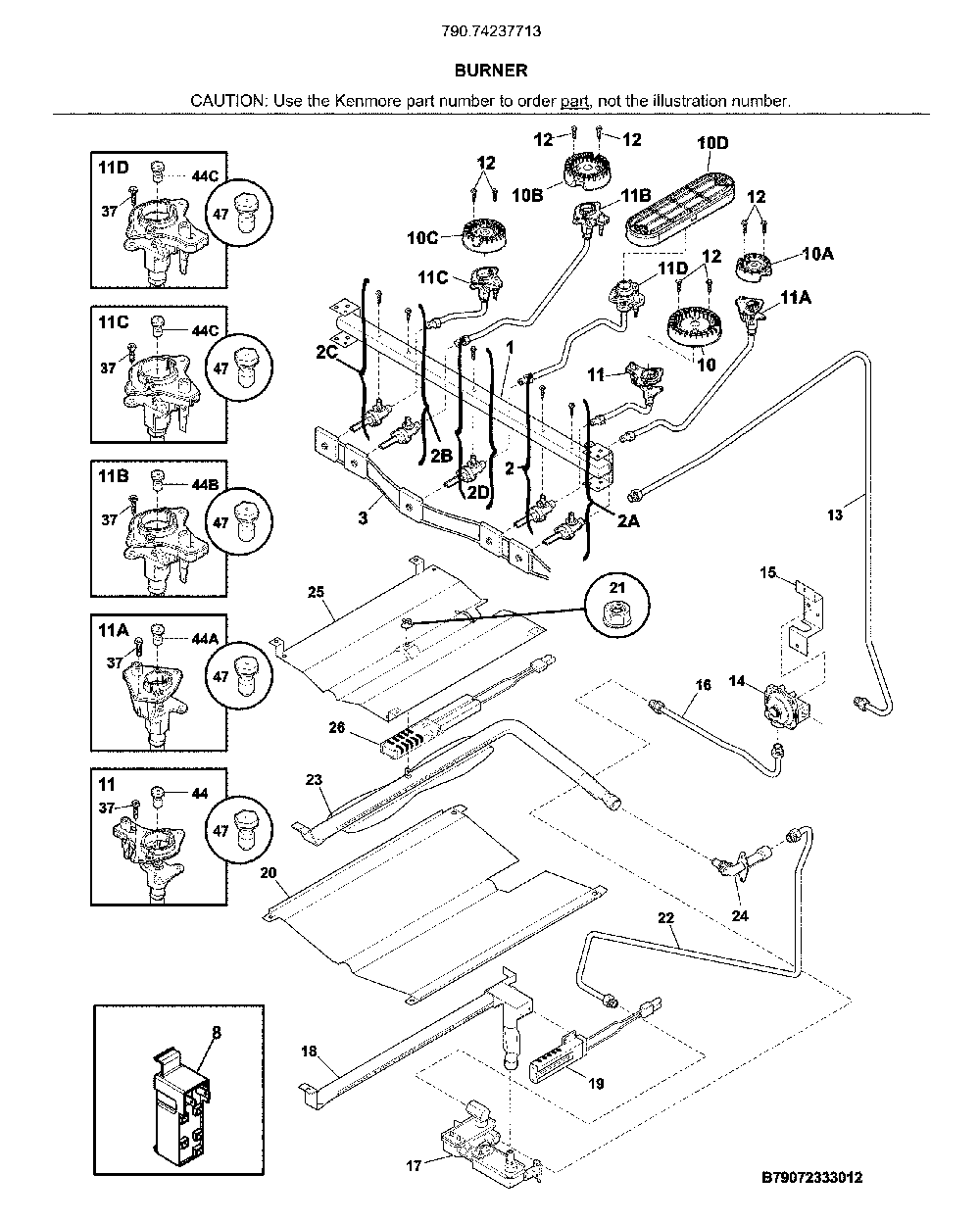 Burner Diagram and Parts List for 79074237713  Kenmore Range