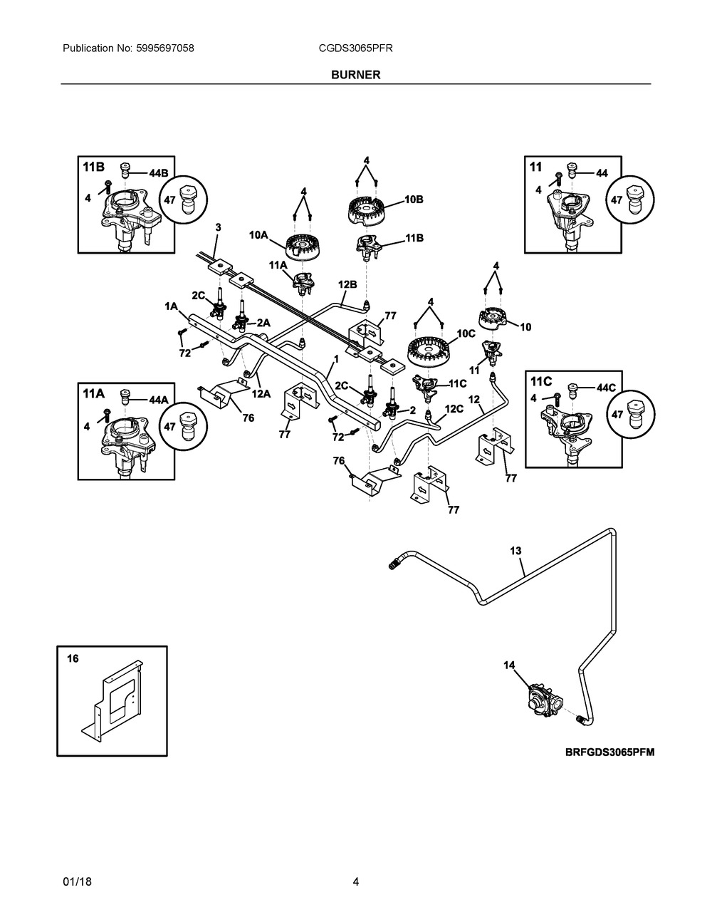 Burner Diagram and Parts List for CGDS3065PFR  Frigidaire Range