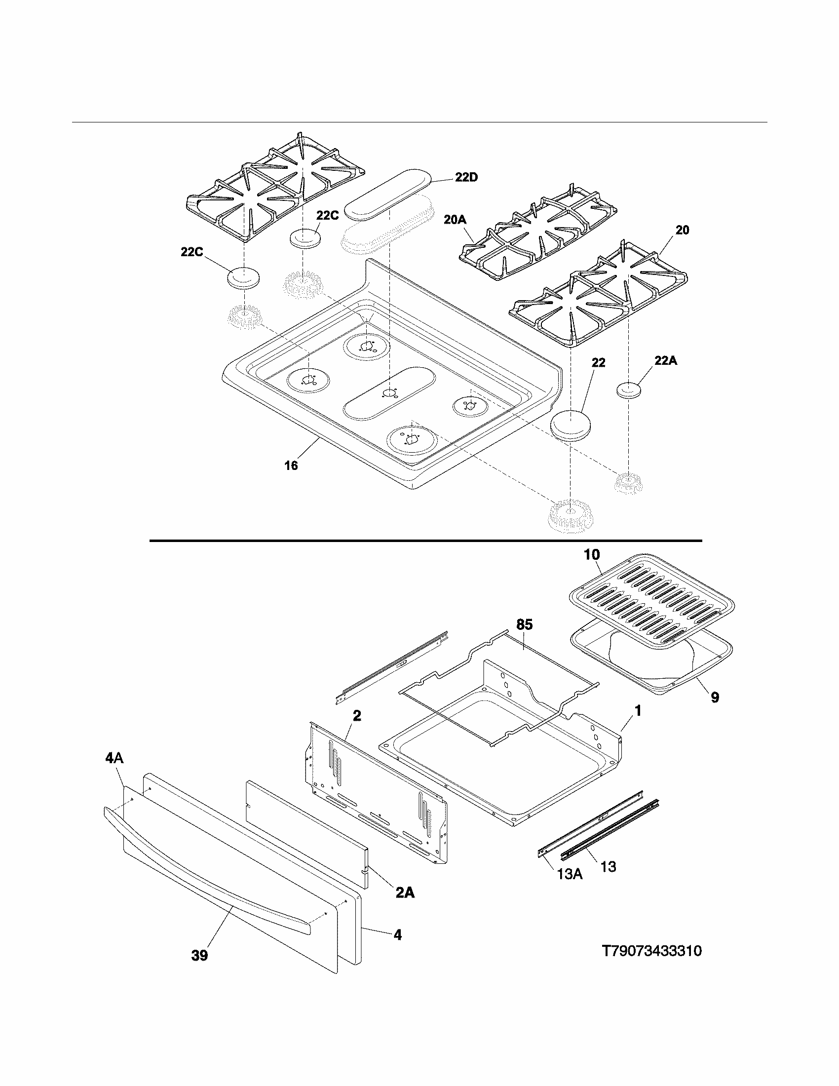 Top/drawer Diagram and Parts List for 79073433311  Kenmore Range