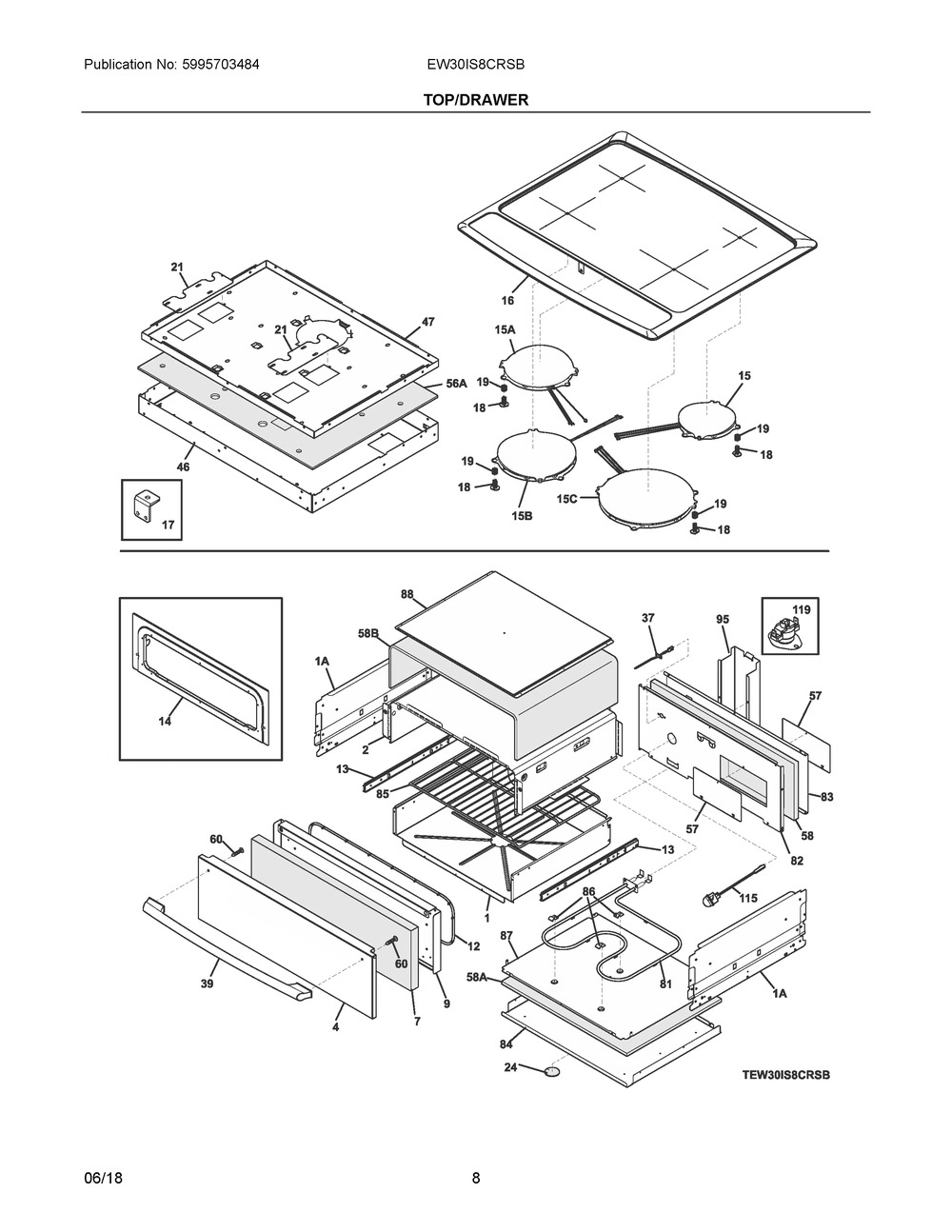 Top/drawer Diagram and Parts List for EW30IS8CRSB  Frigidaire Range