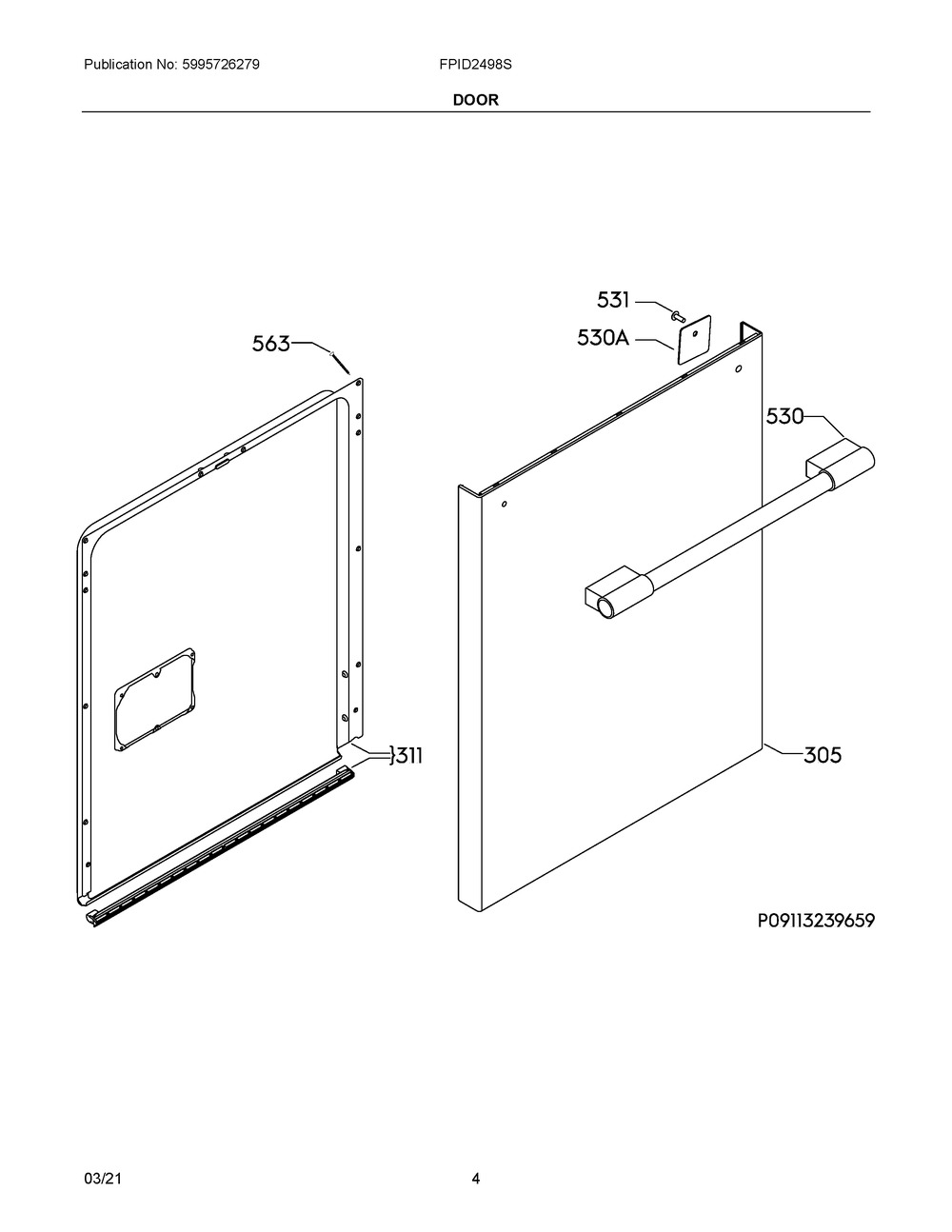 Door Diagram and Parts List for FPID2498SF7A  Frigidaire Dishwasher