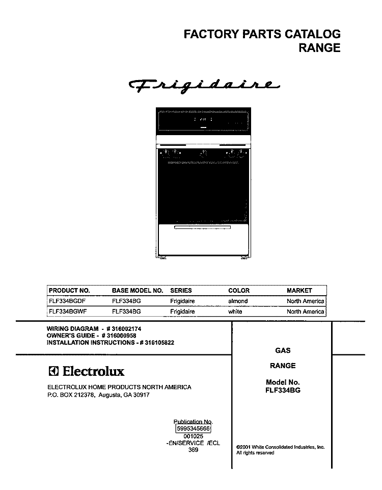 COVER Diagram and Parts List for FLF334BGDF  Frigidaire Range