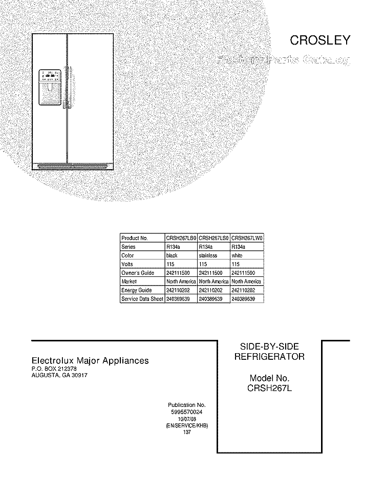 COVER Diagram and Parts List for CRSH267LS0  Frigidaire Refrigerator