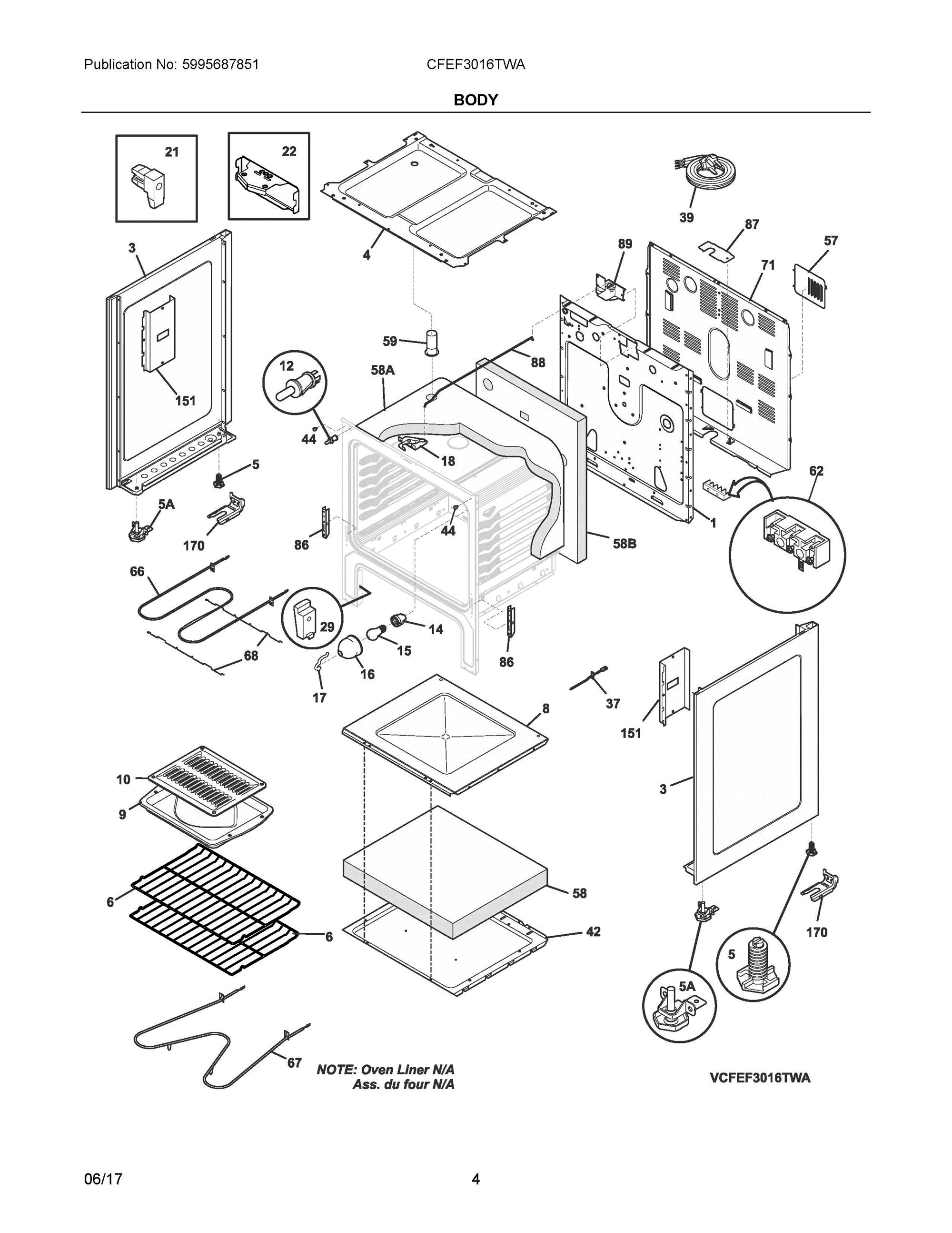 03 - BODY Diagram and Parts List for CFEF3016TWA  Frigidaire Range