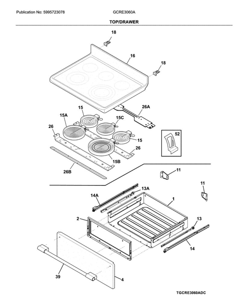 Top/Drawer Diagram and Parts List for GCRE3060ADD  Frigidaire Range