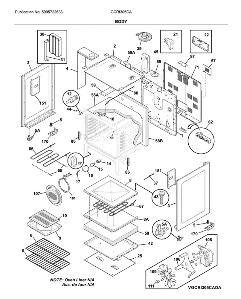 Body Diagram and Parts List for GCRI305CADB  Frigidaire Range
