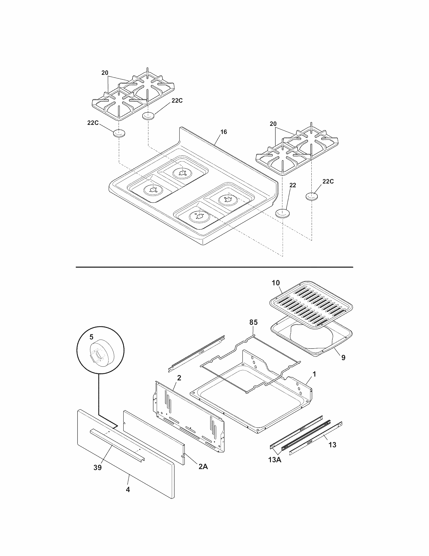 Top/drawer Diagram and Parts List for 79073232310  Kenmore Range