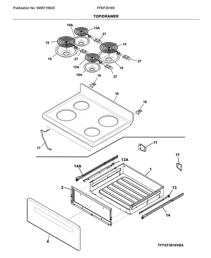 Top/Drawer Diagram and Parts List for FFEF3016VWA  Frigidaire Range