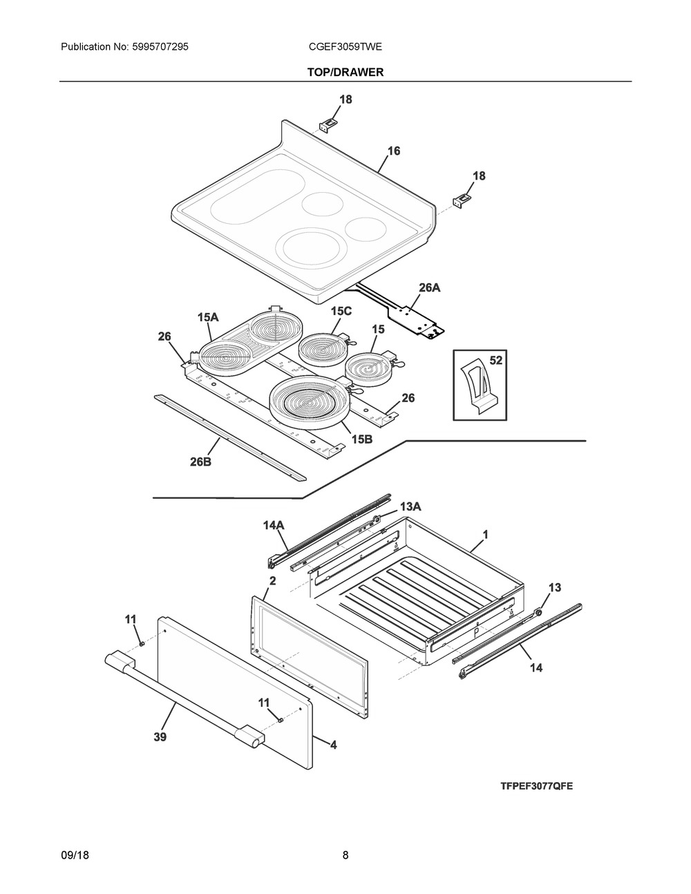 Top/drawer Diagram and Parts List for CGEF3059TWE  Frigidaire Range