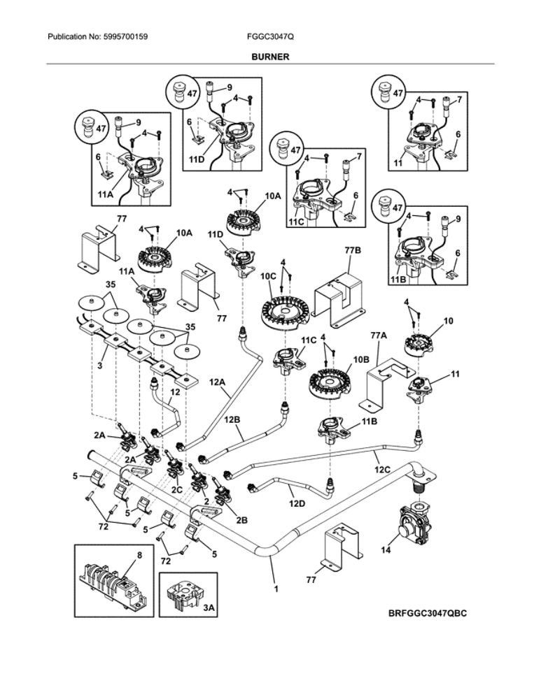 Burner Diagram and Parts List for FGGC3047QBC  Frigidaire Cooktop