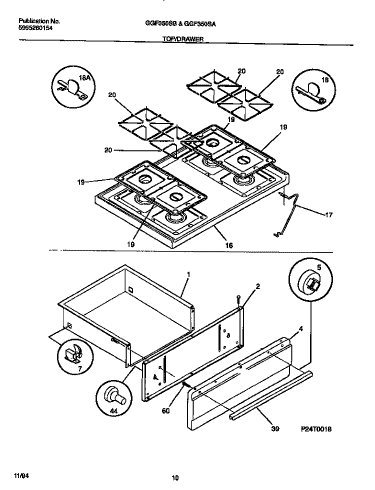 TOP / DRAWER Diagram and Parts List for GGF350SBDA  Gibson Range