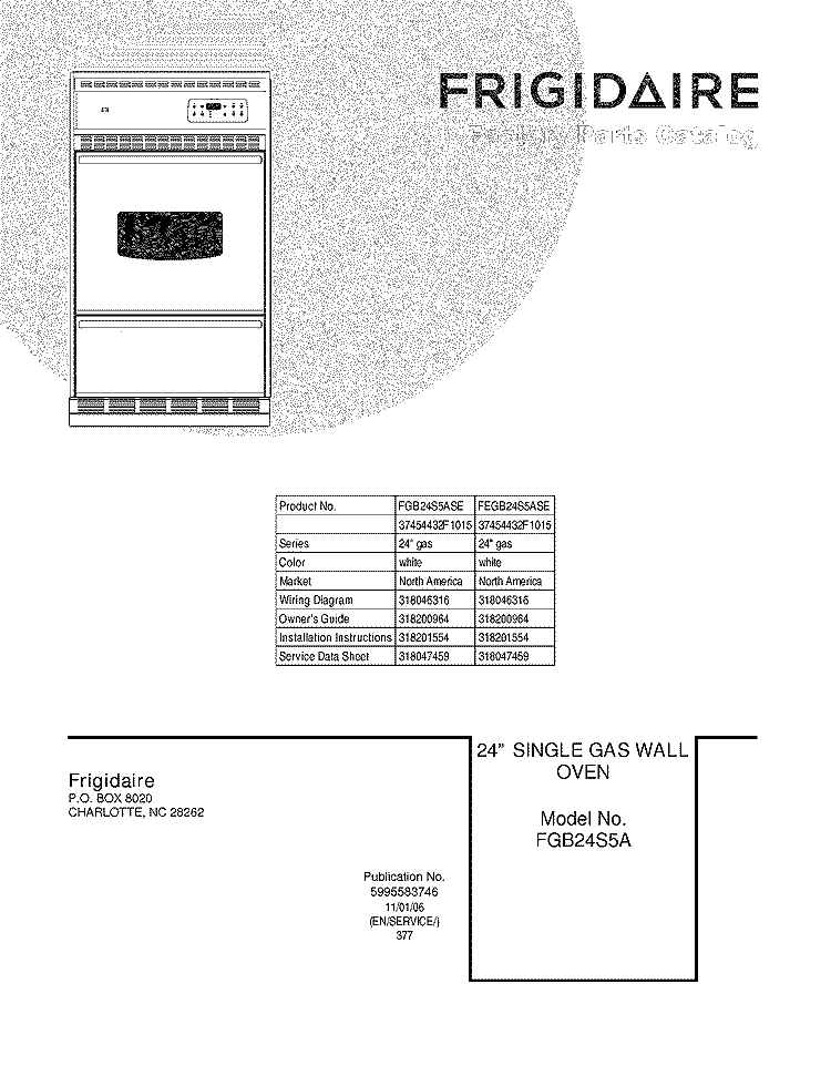 COVER Diagram and Parts List for FGB24S5ASE  Frigidaire Wall Oven