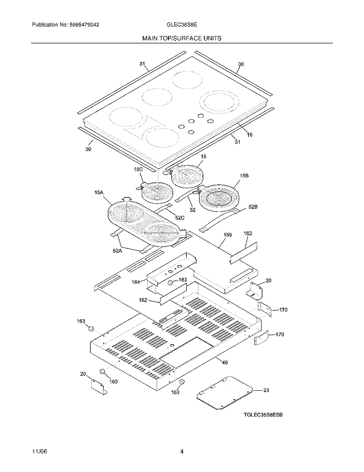 MAINTOP Diagram and Parts List for GLEC36S8EBB  Frigidaire Cooktop