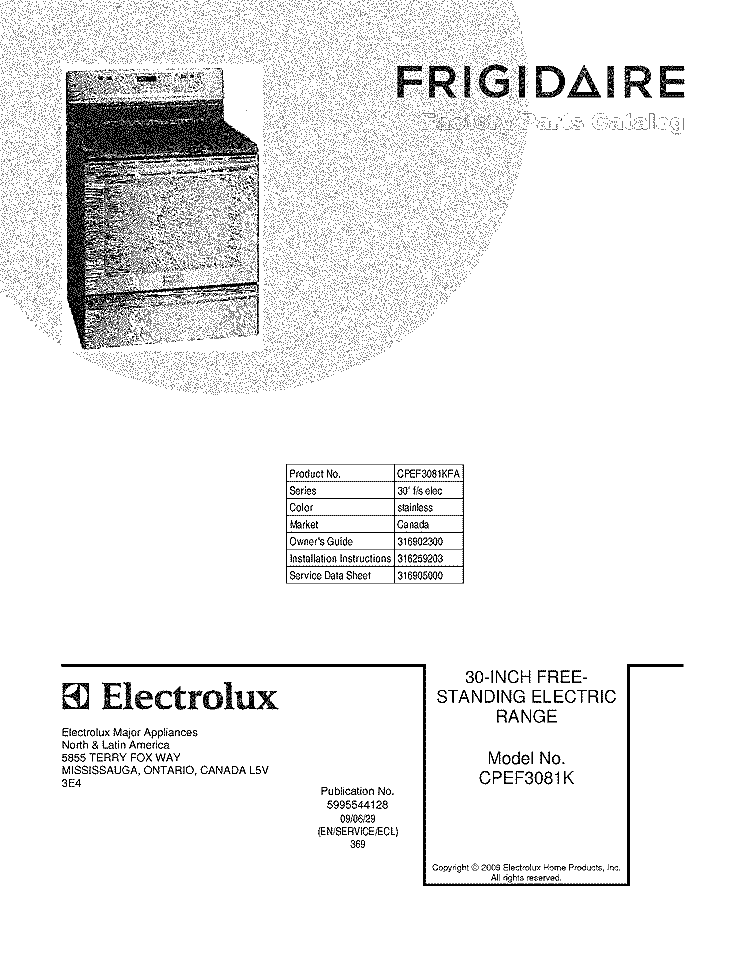 COVER Diagram and Parts List for CPEF3081KFA  Frigidaire Range