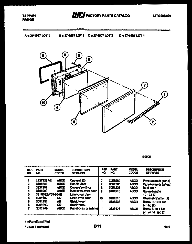DOOR PARTS Diagram and Parts List for 37-1007-23-04  Tappan Range