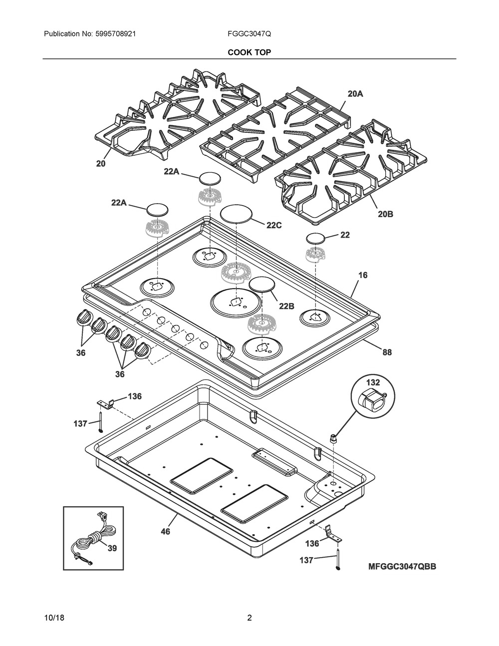 Cook Top Diagram and Parts List for FGGC3047QWD  Frigidaire Cooktop