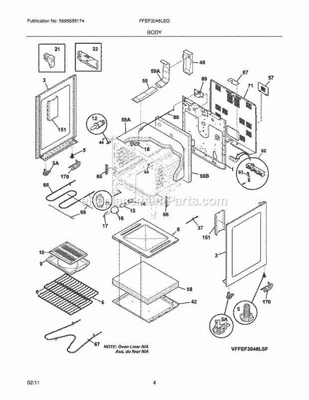 Body Diagram and Parts List for FFEF3048LSG  Frigidaire Range