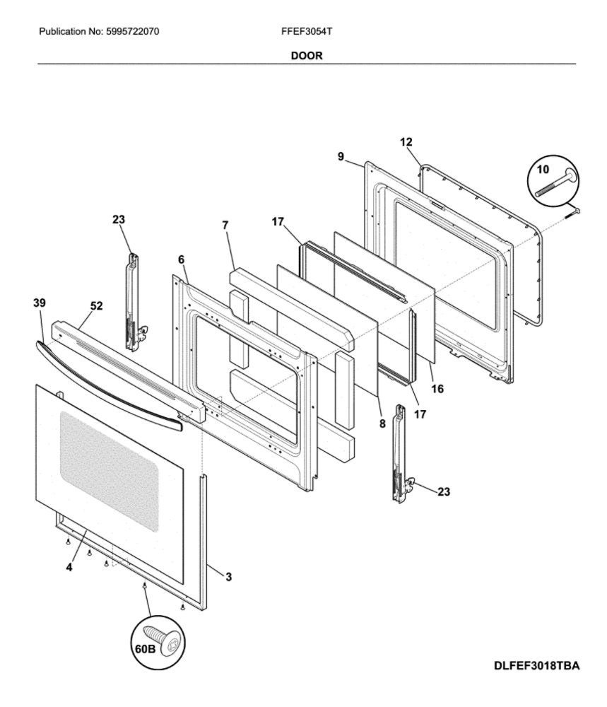 Door Diagram and Parts List for FFEF3054TWK  Frigidaire Range