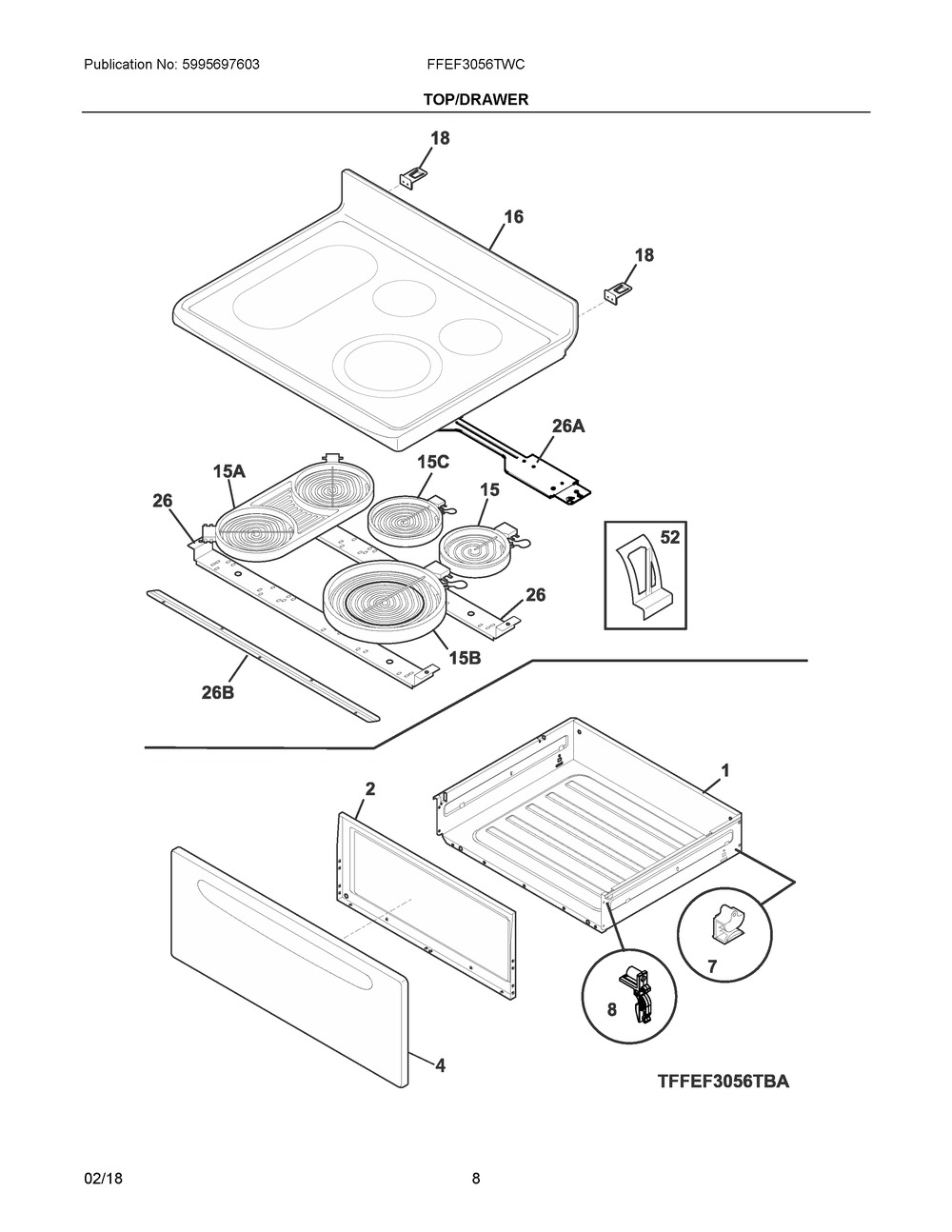Top/drawer Diagram and Parts List for FFEF3056TWC  Frigidaire Range