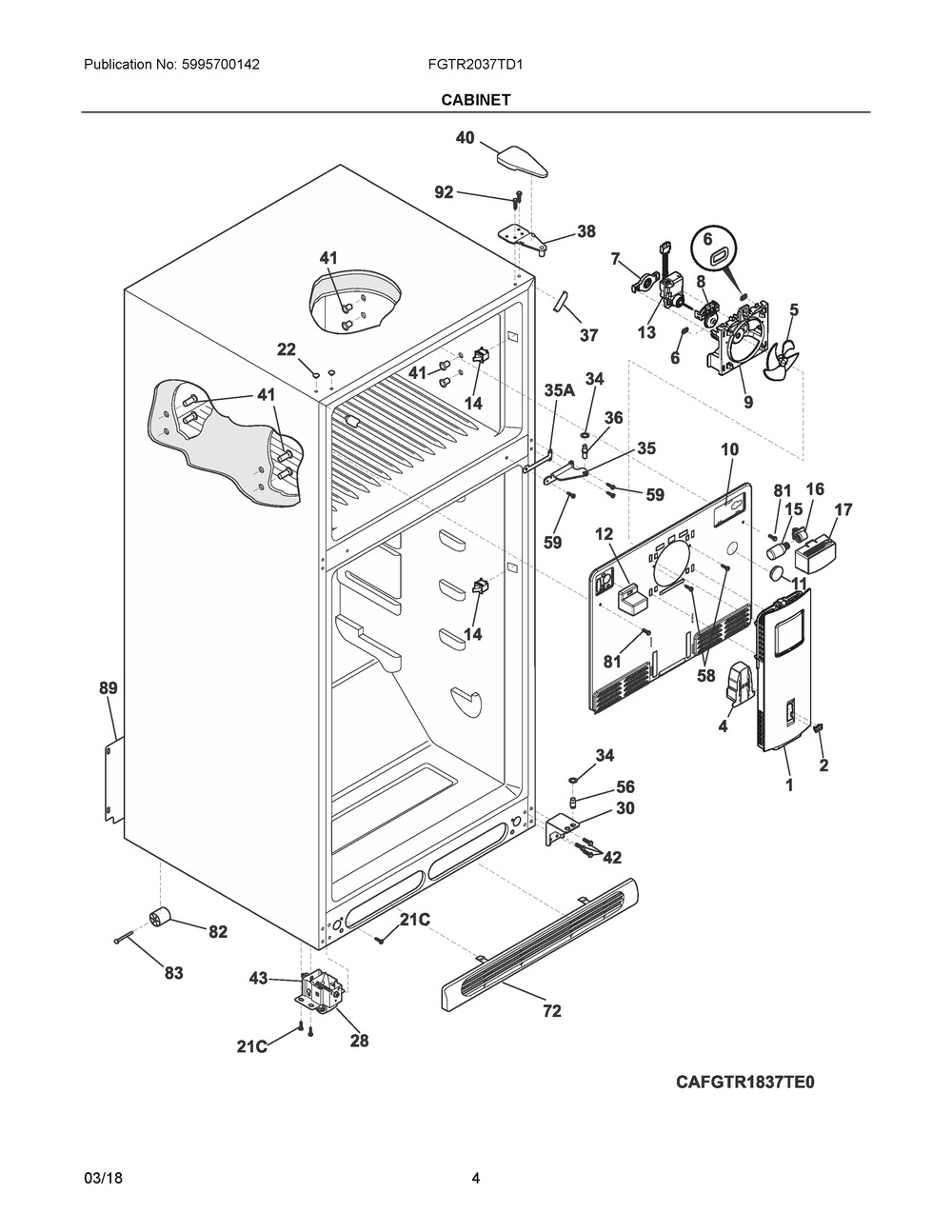 Cabinet Diagram and Parts List for FGTR2037TD1  Frigidaire Refrigerator