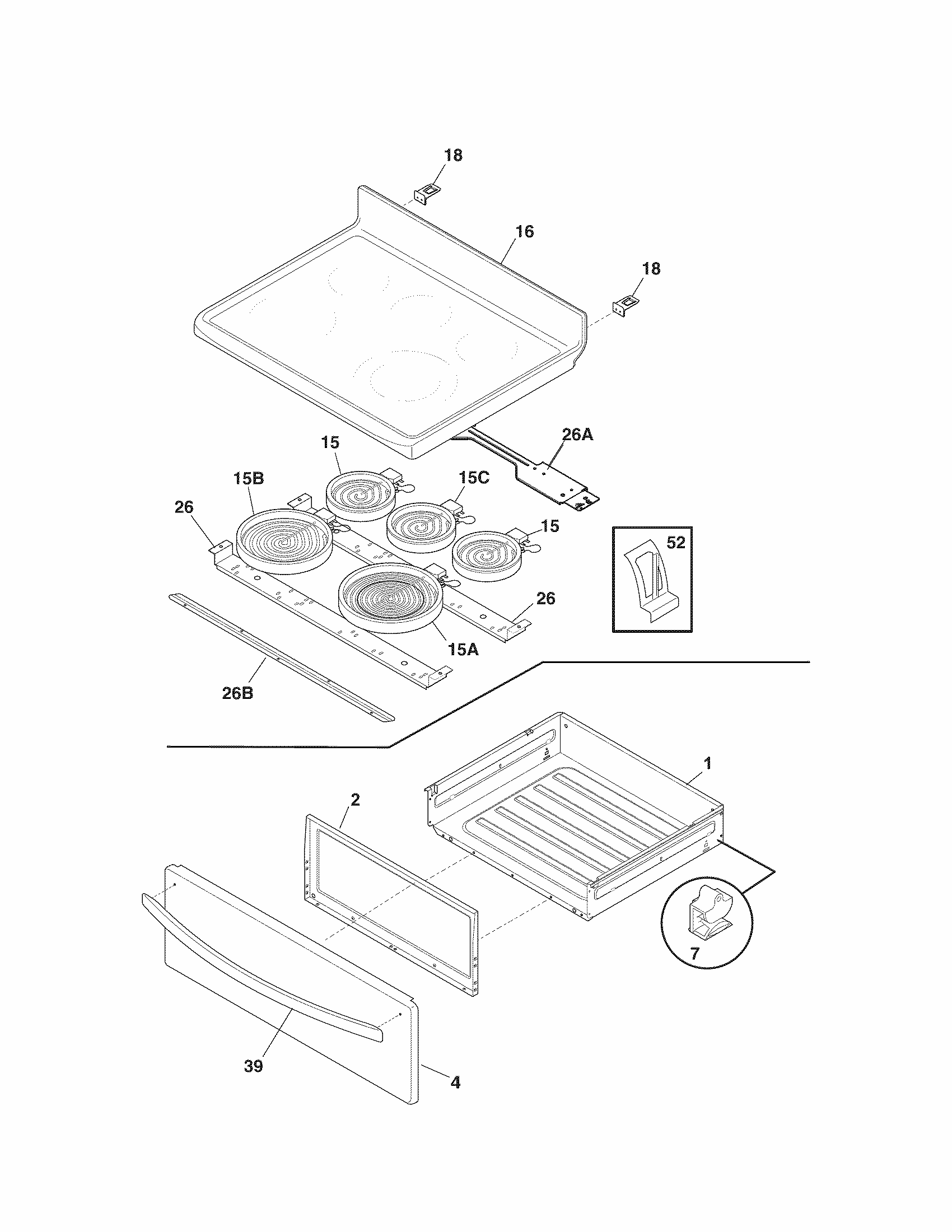Top/drawer Diagram and Parts List for 79094183310  Kenmore Range