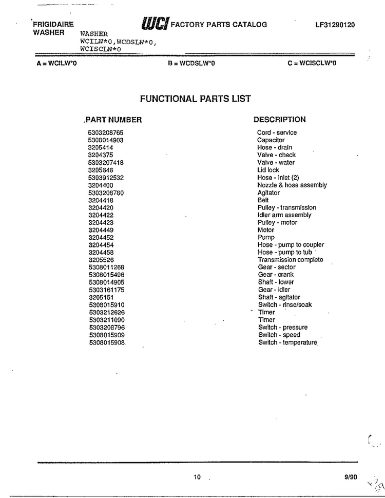 Functional Parts List Diagram and Parts List for WCDSLW*O  Frigidaire Washer