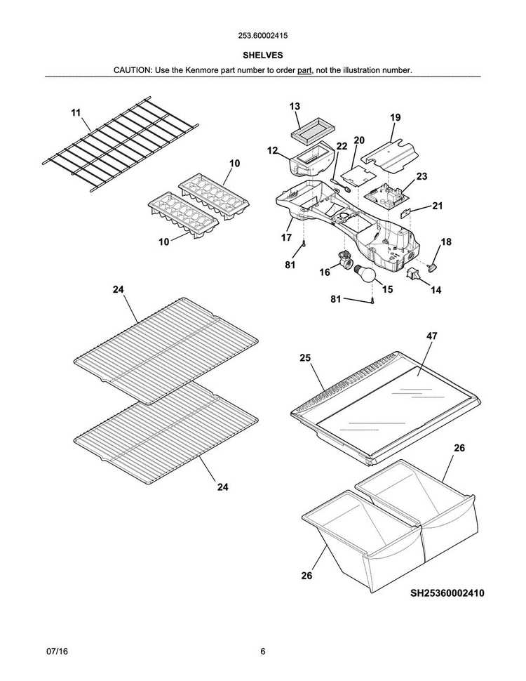 Shelves Diagram and Parts List for 25360002415  Kenmore Refrigerator